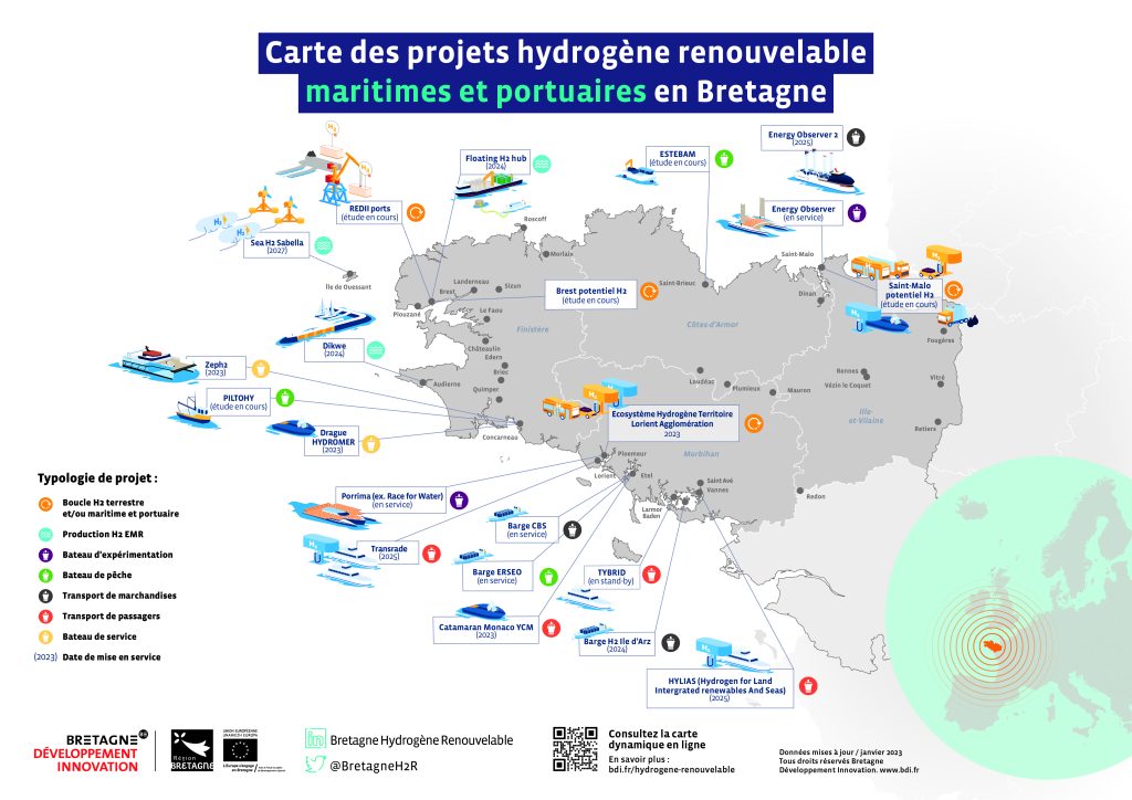 Carte des projets H2 renouvelables maritimes et portuaires